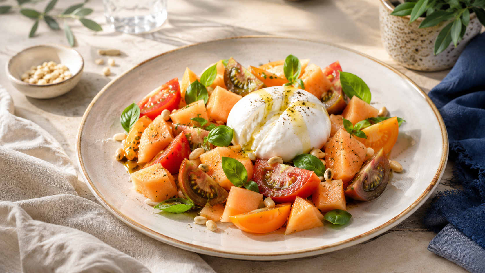 Salade de melon, tomates anciennes, burrata et basilic - recette de saison du Var