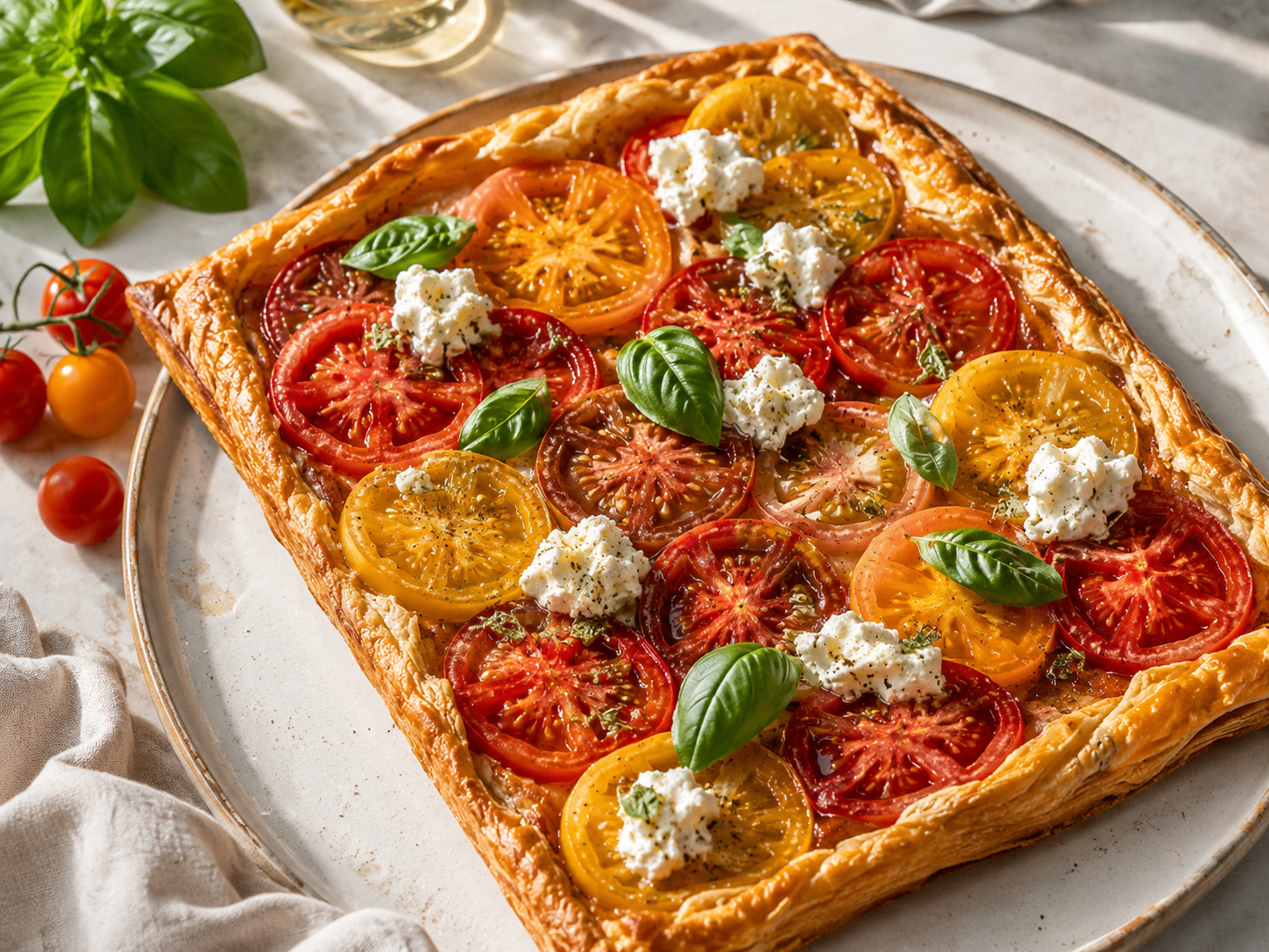 Tarte fine aux tomates anciennes, chèvre frais et basilic - recette de saison du Var