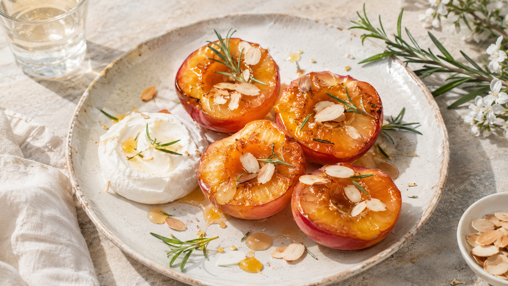 Pêches rôties au miel, romarin et éclats d’amandes - recette de saison du Var