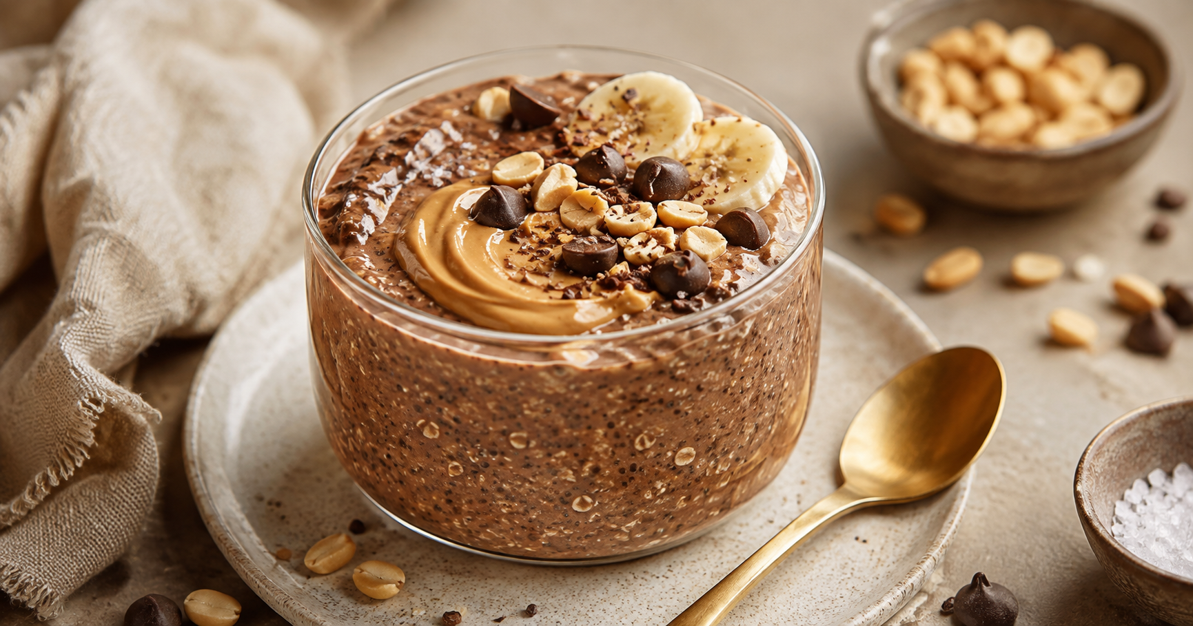 Porridge cacao avec beurre de cacahuète, chocolat noir et cacahuètes concassées