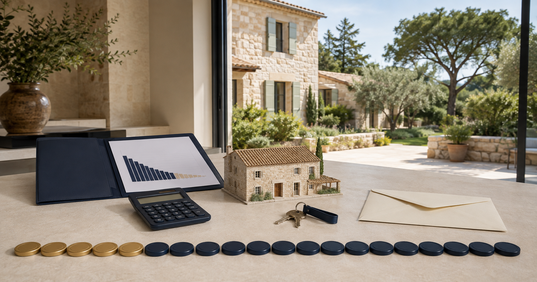 Maquette de maison, clés et calcul du crédit immobilier après cinq ans
