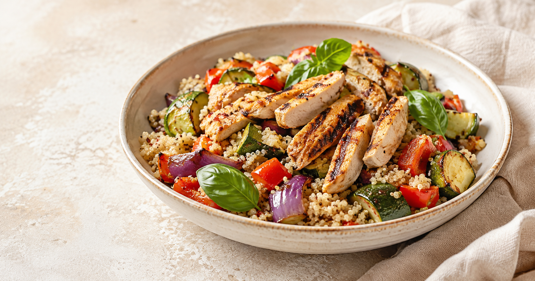 Salade de quinoa au poulet grillé, courgette, poivron rouge et oignon rôti