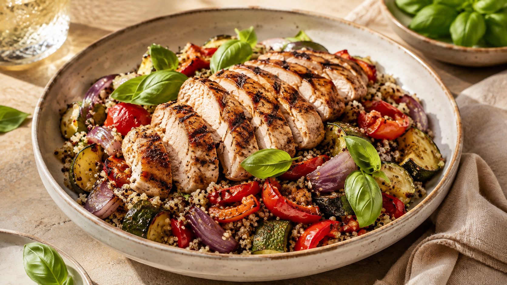 Salade de quinoa au poulet, courgette, poivron rouge, oignon rouge et basilic frais