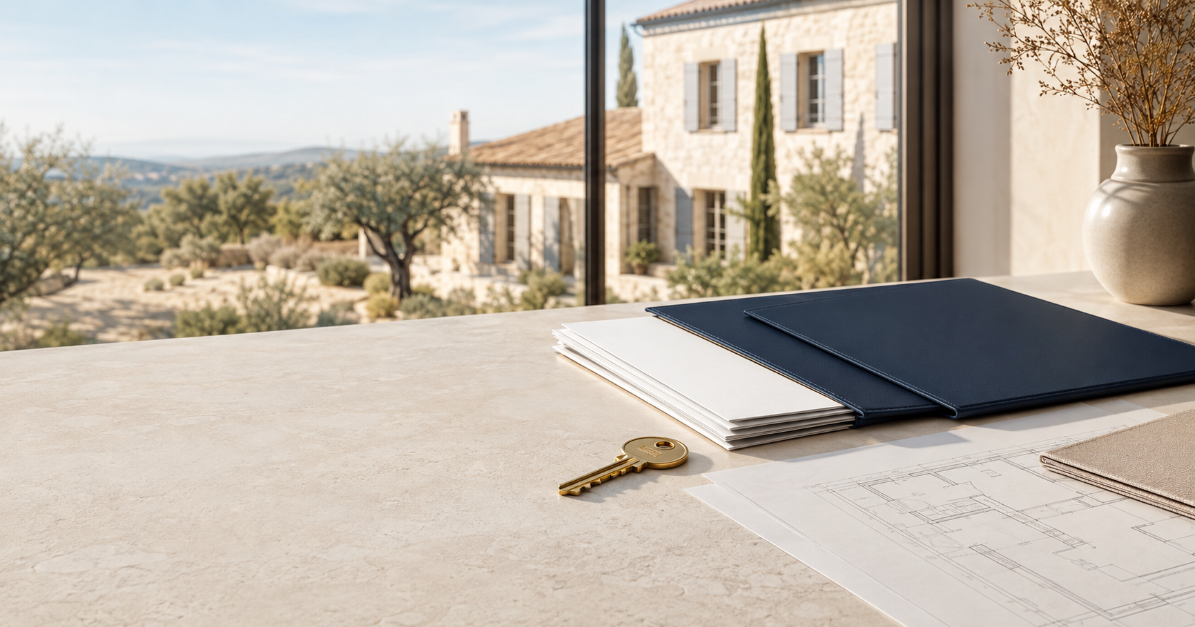 Maison provençale avec clé et dossier préparant la vente d’un bien détenu en SCI
