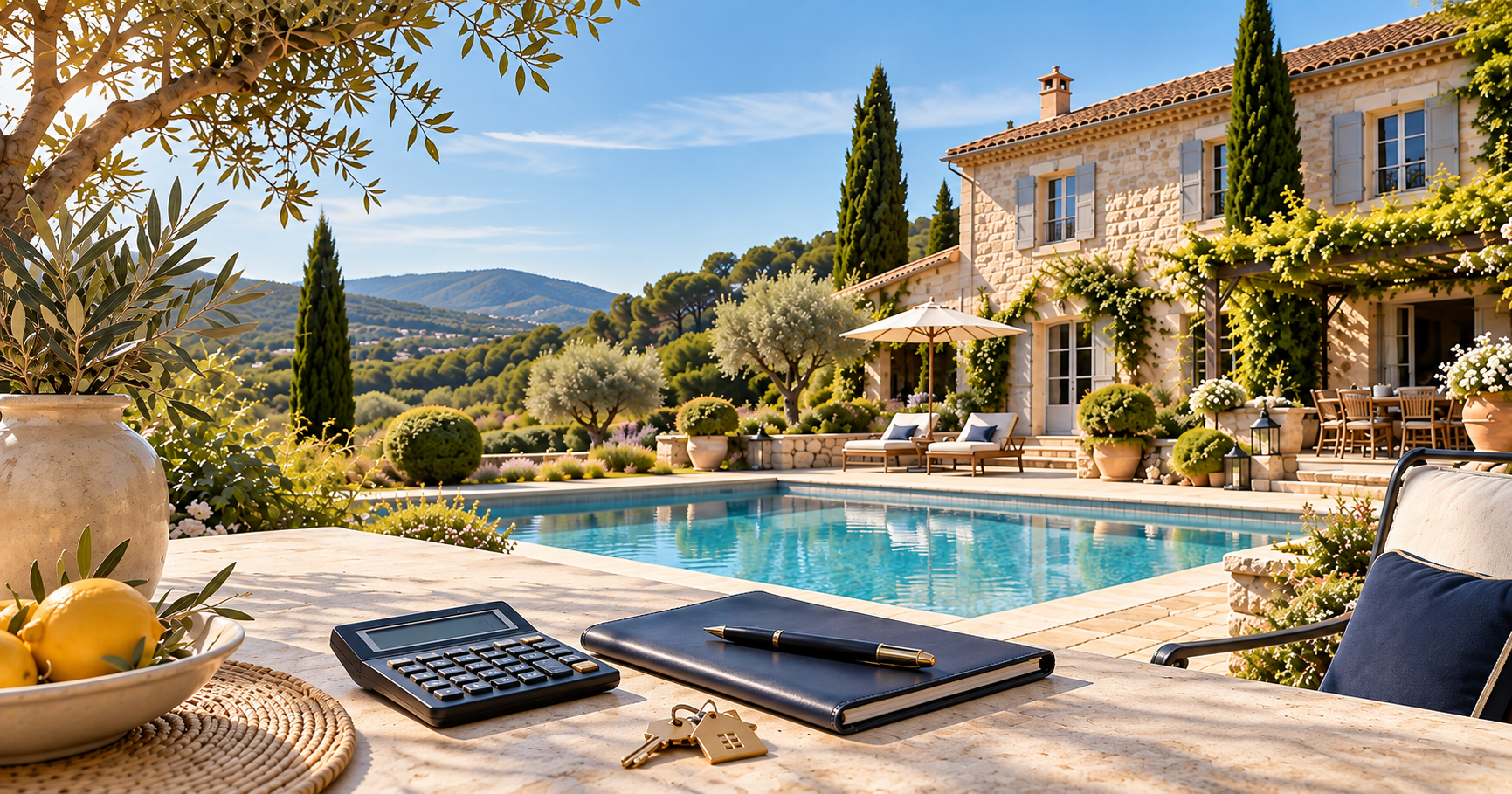 Villa provençale avec piscine au Luc, carnet, calculatrice et clés illustrant la réflexion sur le prix de vente d’une maison