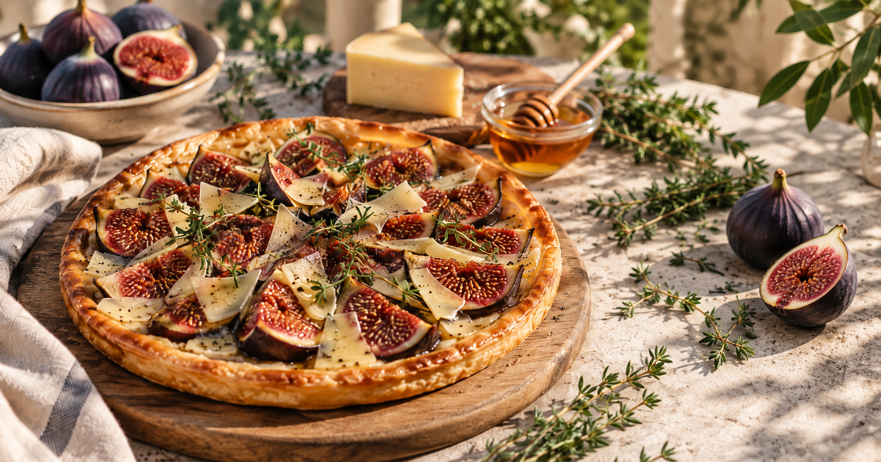 Tarte fine aux figues, comté et thym, recette de saison en Centre Var
