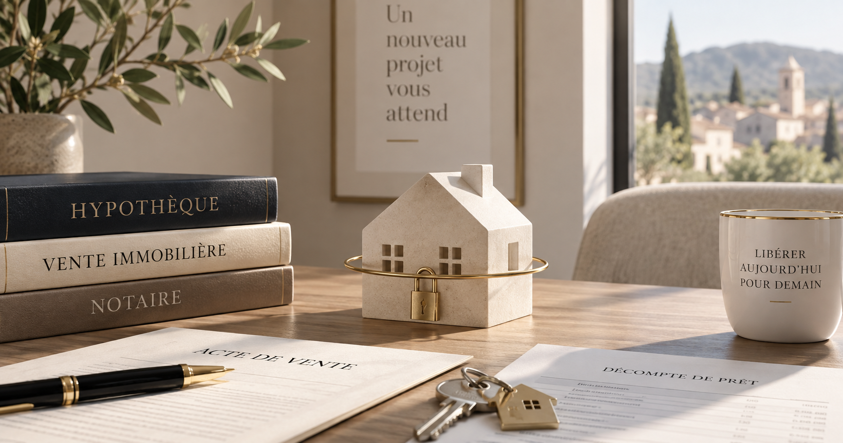 Maison miniature verrouillée par un cadenas, entourée de documents de vente immobilière et de prêt, illustrant la vente d’une maison avec une hypothèque en cours au Luc